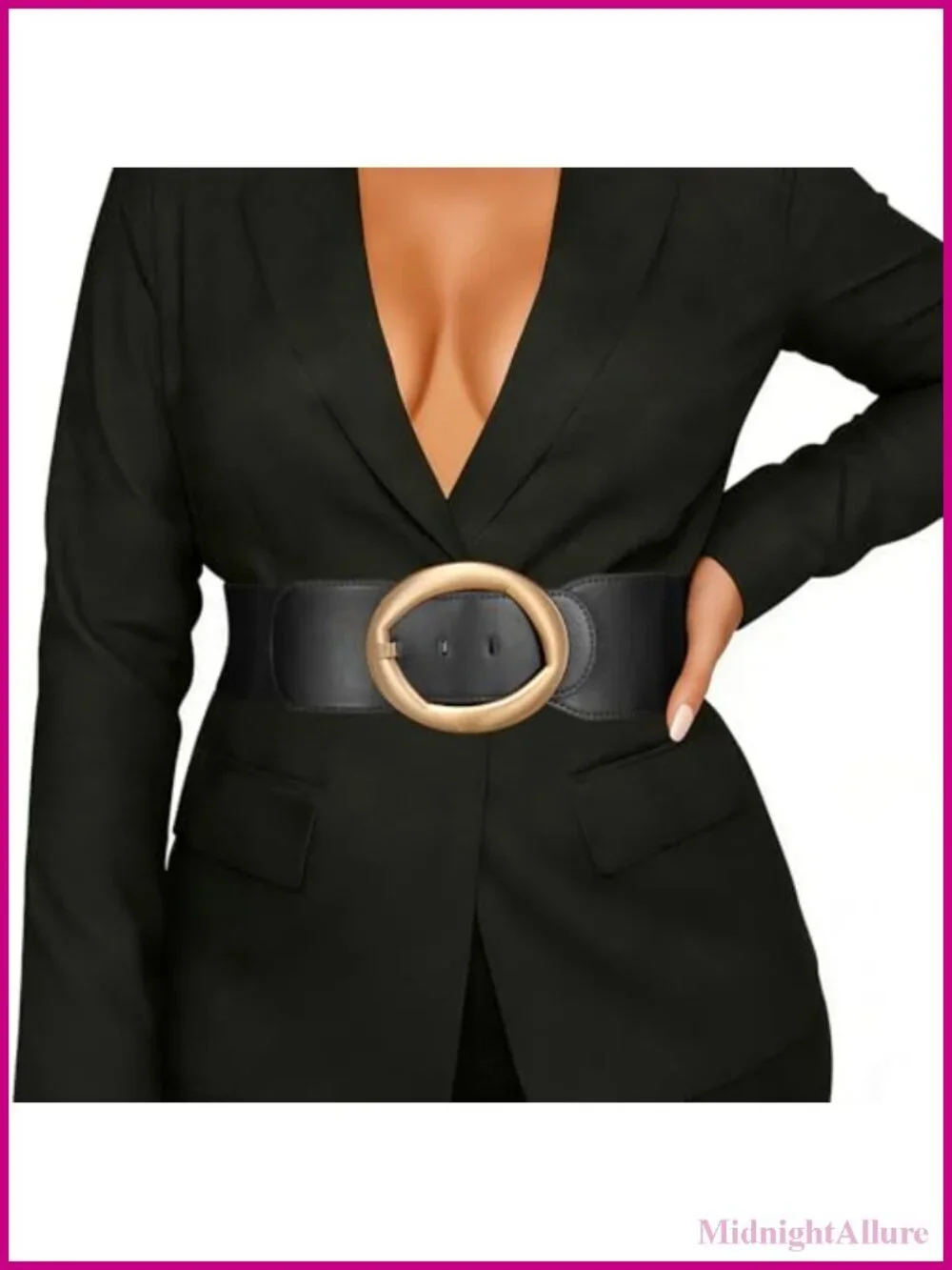 Wide Elastic Stretch Belt Faux Leather Oval Gold Buckle Dress Cinch Belt